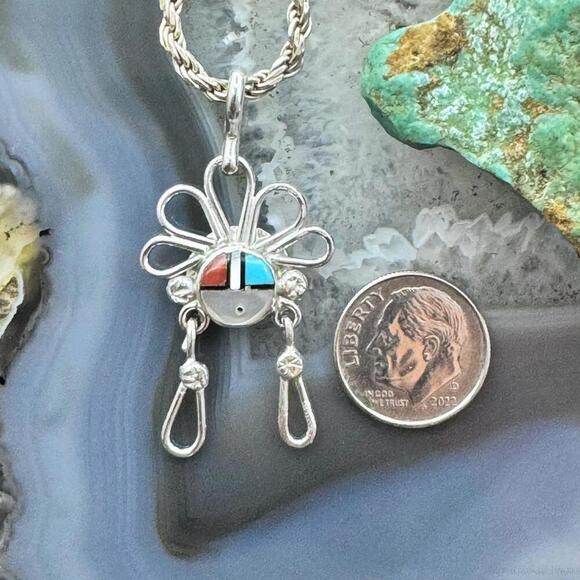 Ola Eriacho Zuni Sterling Silver Multistone Inlay Sunburst Pendant For Women - Picture 8 of 10